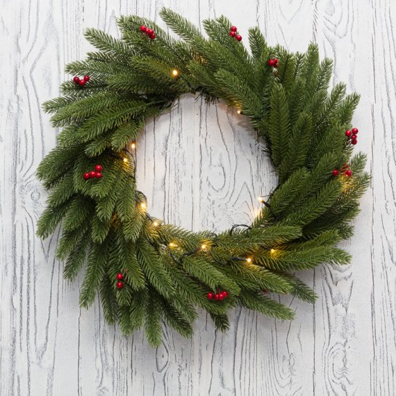 Фотография товара 'Neon-night Еловый венок с ягодами и гирляндой ? 45 см 307-150'